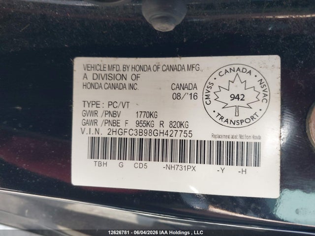 Aukcja sprzedaży 2016 Honda Civic Touring, vin: 2HGFC3B98GH427755, numer aukcji: 12626781