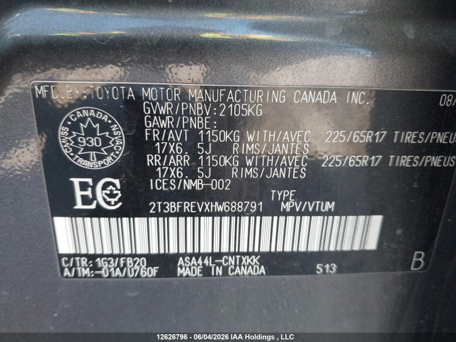 Продаж на аукціоні авто 2017 Toyota Rav4 Le, vin: 2T3BFREVXHW688791, номер лоту: 12626796