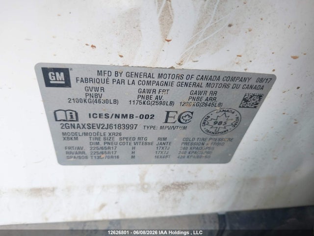 12626801 :رقم المزاد ، 2GNAXSEV2J6183997 vin ، 2018 Chevrolet Equinox 1lt مزاد بيع