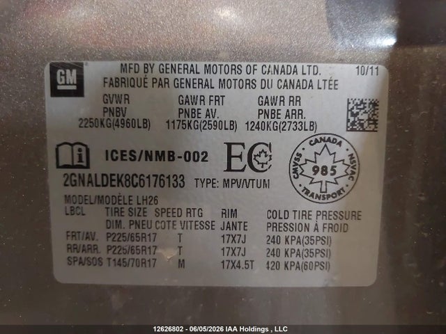 Продаж на аукціоні авто 2012 Chevrolet Equinox Lt, vin: 2GNALDEK8C6176133, номер лоту: 12626802