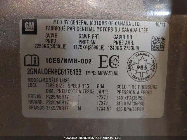 Продаж на аукціоні авто 2012 Chevrolet Equinox Lt, vin: 2GNALDEK8C6176133, номер лоту: 12626802