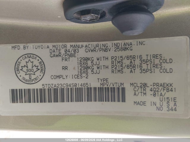 Aukcja sprzedaży 2004 Toyota Sienna Ce/le, vin: 5TDZA23C94S014651, numer aukcji: 12626808