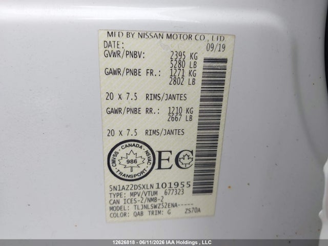12626818 :رقم المزاد ، 5N1AZ2DSXLN101955 vin ، 2020 Nissan Murano Platinum مزاد بيع