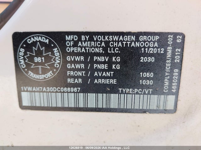 2013 Volkswagen Passat S მანქანა იყიდება აუქციონზე, vin: 1VWAH7A30DC066967, აუქციონის ნომერი: 12626819