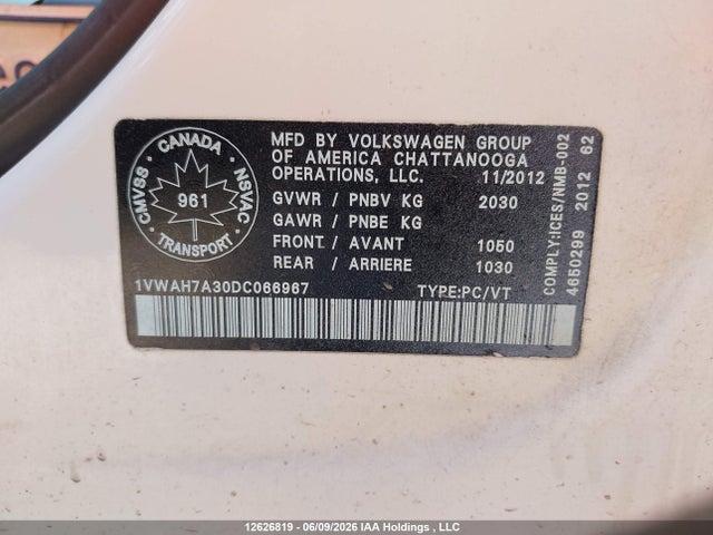 2013 Volkswagen Passat S მანქანა იყიდება აუქციონზე, vin: 1VWAH7A30DC066967, აუქციონის ნომერი: 12626819