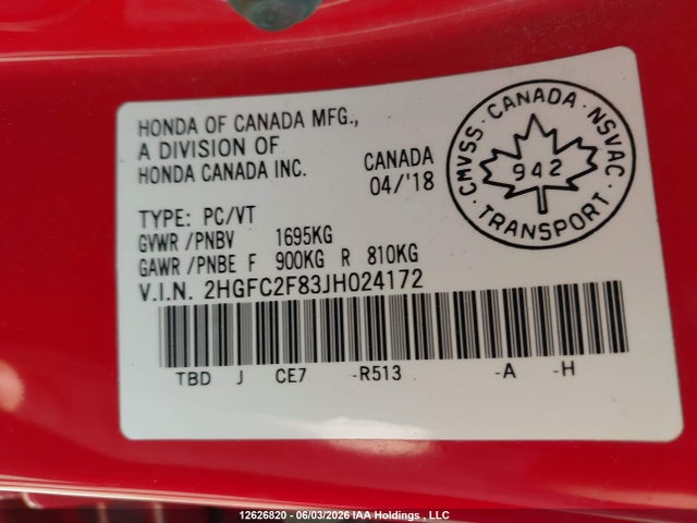 Honda CIVIC EX 2018 2HGFC2F83JH024172 Image 9