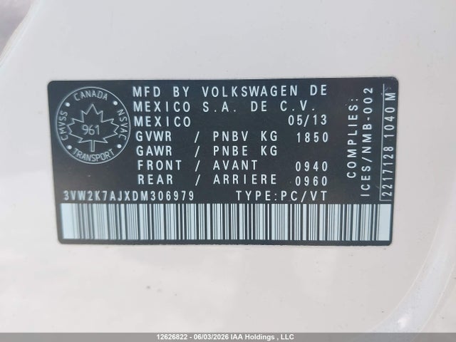 12626822 :رقم المزاد ، 3VW2K7AJXDM306979 vin ، 2013 Volkswagen Jetta مزاد بيع