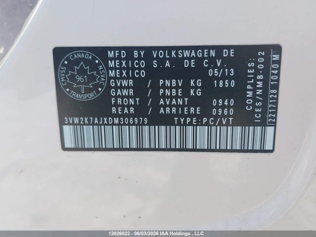 12626822 :رقم المزاد ، 3VW2K7AJXDM306979 vin ، 2013 Volkswagen Jetta مزاد بيع