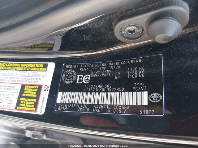12626827 :رقم المزاد ، 4T1B21HK8LU522950 vin ، 2020 Toyota Camry Xle/se مزاد بيع