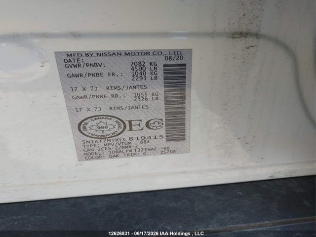 Продаж на аукціоні авто 2020 Nissan Rogue S, vin: 5N1AT2MTXLC819415, номер лоту: 12626831