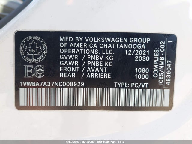 1VWBA7A37NC008929 Volkswagen Passat 2.0t Limited Edition