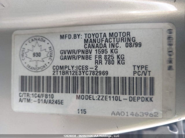 Aukcja sprzedaży 2000 Toyota Corolla Ve/ce/le, vin: 2T1BR12E3YC782969, numer aukcji: 12626838