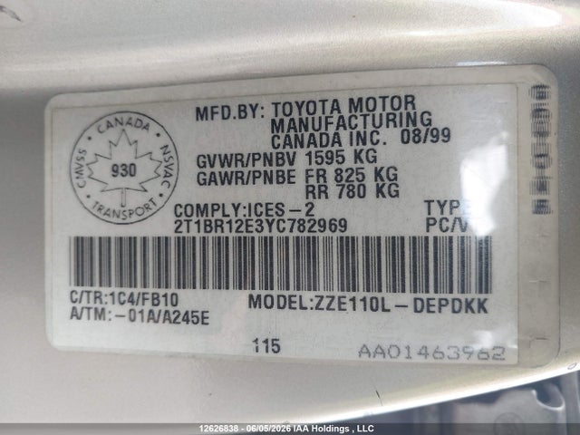 Aukcja sprzedaży 2000 Toyota Corolla Ve/ce/le, vin: 2T1BR12E3YC782969, numer aukcji: 12626838