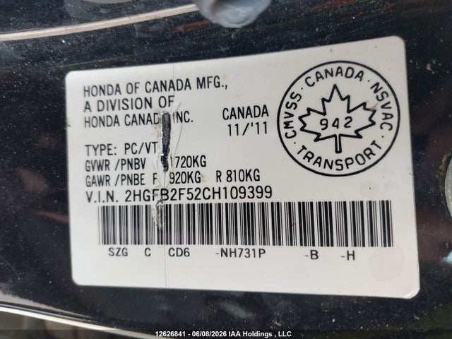Продажа на аукционе авто 2012 Honda Civic Lx, vin: 2HGFB2F52CH109399, номер лота: 12626841