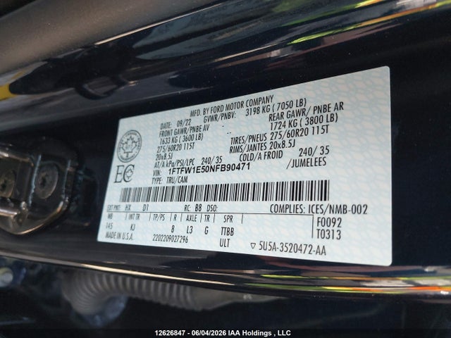 2022 Ford F-150 King Ranch მანქანა იყიდება აუქციონზე, vin: 1FTFW1E50NFB90471, აუქციონის ნომერი: 12626847