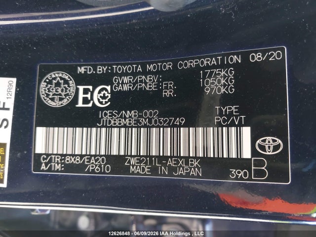 12626848 :رقم المزاد ، JTDBBMBE3MJ032749 vin ، 2021 Toyota Corolla Hybrid مزاد بيع