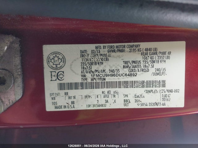 12626851 :رقم المزاد ، 1FMCU9H96DUC64892 vin ، 2013 Ford Escape Sel مزاد بيع
