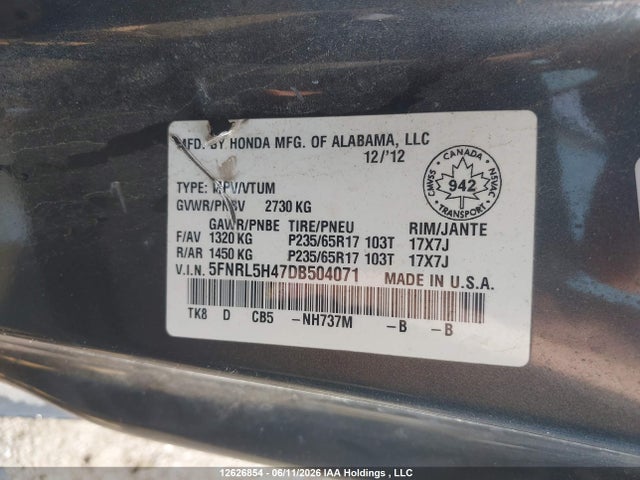 Продаж на аукціоні авто 2013 Honda Odyssey Ex, vin: 5FNRL5H47DB504071, номер лоту: 12626854