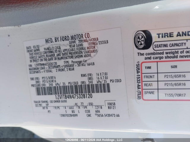 12626856 :رقم المزاد ، 1ZVFT84N475328120 vin ، 2007 Ford Mustang مزاد بيع