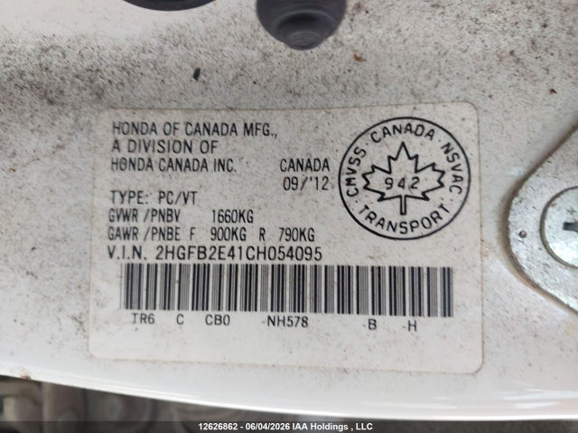 2012 Honda Civic Lx მანქანა იყიდება აუქციონზე, vin: 2HGFB2E41CH054095, აუქციონის ნომერი: 12626862