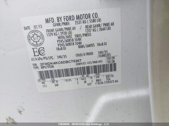Продажа на аукционе авто 2013 Ford Edge Limited, vin: 2FMDK4KC6DBC75267, номер лота: 12626868
