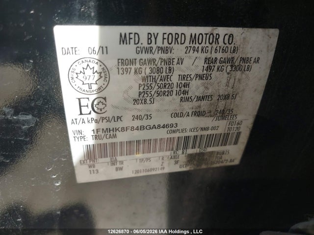 12626870 :رقم المزاد ، 1FMHK8F84BGA84693 vin ، 2011 Ford Explorer Limited مزاد بيع