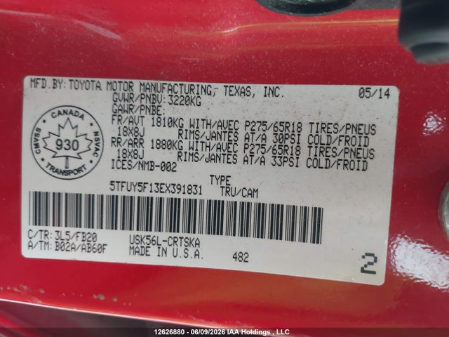 12626880 :رقم المزاد ، 5TFUY5F13EX391831 vin ، 2014 Toyota Tundra Double Cab Sr/double Cab Sr5 مزاد بيع