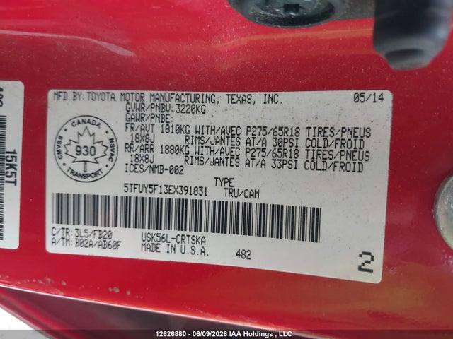 12626880 :رقم المزاد ، 5TFUY5F13EX391831 vin ، 2014 Toyota Tundra Double Cab Sr/double Cab Sr5 مزاد بيع