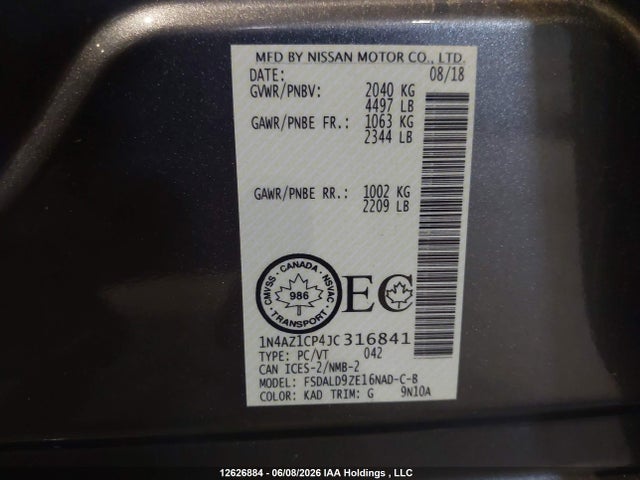 2018 Nissan Leaf S/sl/sv მანქანა იყიდება აუქციონზე, vin: 1N4AZ1CP4JC316841, აუქციონის ნომერი: 12626884