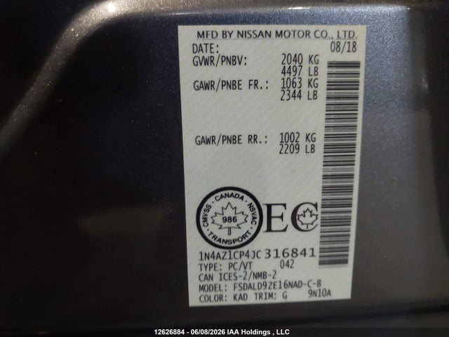 2018 Nissan Leaf S/sl/sv მანქანა იყიდება აუქციონზე, vin: 1N4AZ1CP4JC316841, აუქციონის ნომერი: 12626884