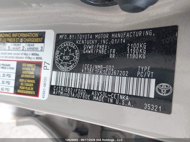 4T1BF1FK1EU367202 Toyota CAMRY SE