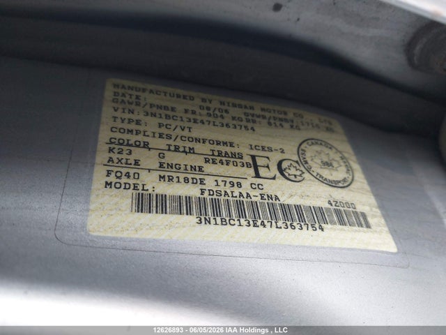 Продажа на аукционе авто 2007 Nissan Versa 1.8s, vin: 3N1BC13E47L363754, номер лота: 12626893