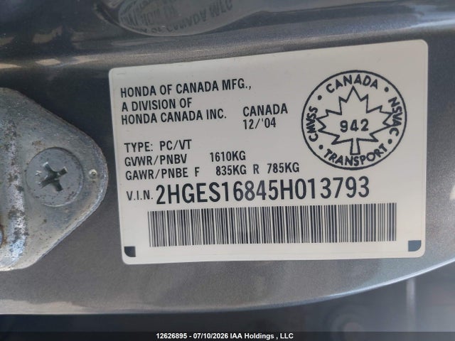 2005 Honda Civic Ex მანქანა იყიდება აუქციონზე, vin: 2HGES16845H013793, აუქციონის ნომერი: 12626895
