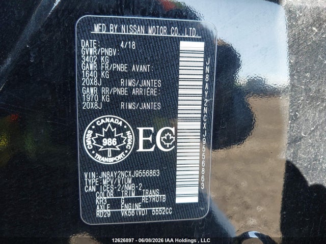 12626897 :رقم المزاد ، JN8AY2NCXJ9556863 vin ، 2018 Nissan Armada Sv/sl/platinum مزاد بيع