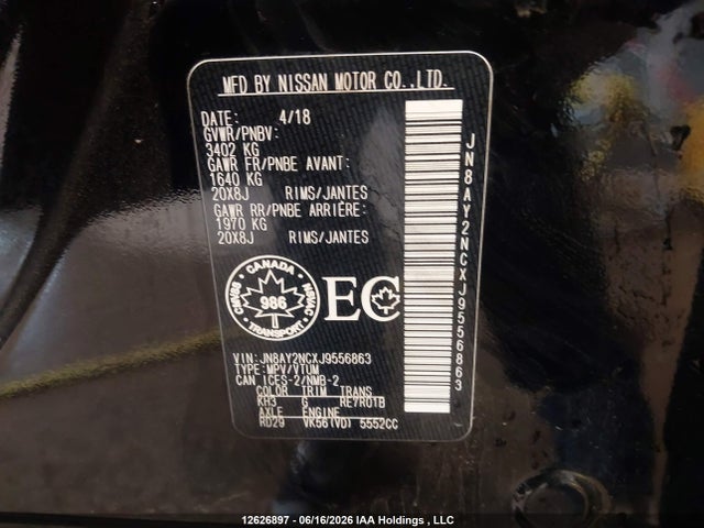 12626897 :رقم المزاد ، JN8AY2NCXJ9556863 vin ، 2018 Nissan Armada Sv/sl/platinum مزاد بيع