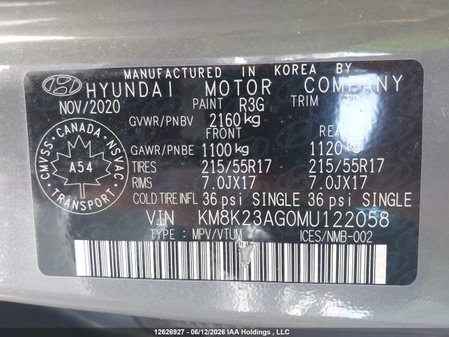 2021 Hyundai Kona Sel მანქანა იყიდება აუქციონზე, vin: KM8K23AG0MU122058, აუქციონის ნომერი: 12626927