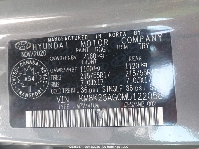 2021 Hyundai Kona Sel მანქანა იყიდება აუქციონზე, vin: KM8K23AG0MU122058, აუქციონის ნომერი: 12626927