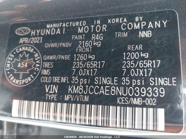 Продажа на аукционе авто 2022 Hyundai Tucson Preferred Awd With Trend Package, vin: KM8JCCAE8NU039339, номер лота: 12626928