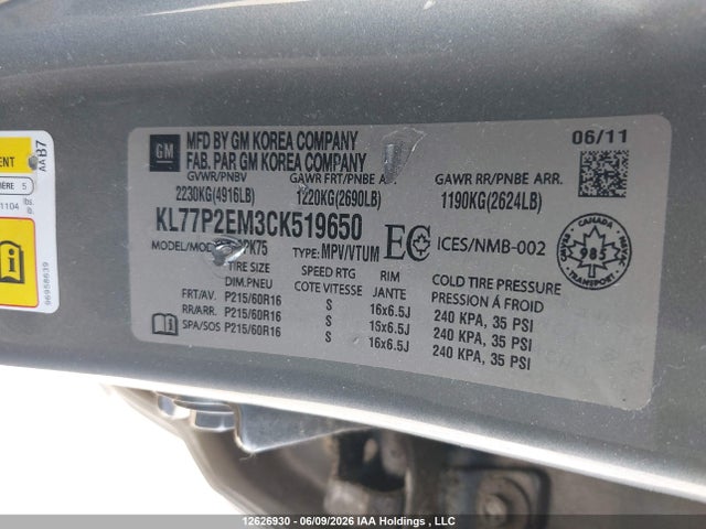 Aukcja sprzedaży 2012 Chevrolet Orlando, vin: KL77P2EM3CK519650, numer aukcji: 12626930