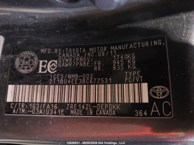 Продаж на аукціоні авто 2011 Toyota Corolla, vin: 2T1BU4EE3BC677531, номер лоту: 12626931
