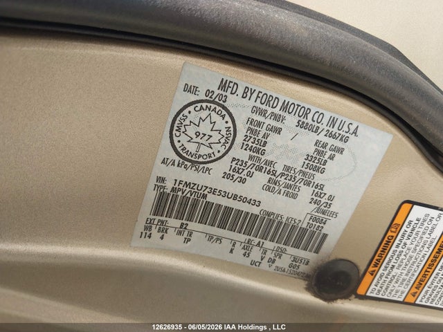 12626935 :رقم المزاد ، 1FMZU73E53UB50433 vin ، 2003 Ford Explorer مزاد بيع