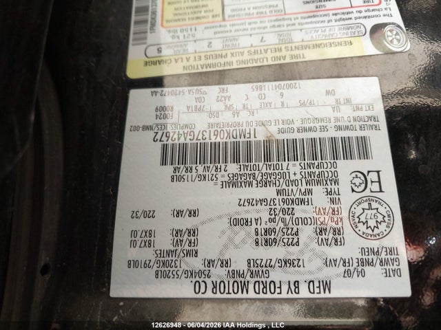 2007 Ford Freestyle Limited მანქანა იყიდება აუქციონზე, vin: 1FMDK06137GA42672, აუქციონის ნომერი: 12626948