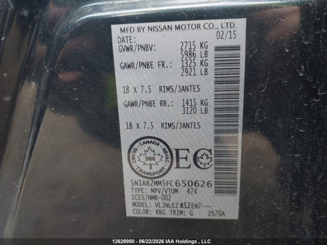 Aukcja sprzedaży 2015 Nissan Pathfinder Platinum/s/sl/sv, vin: 5N1AR2MM5FC650626, numer aukcji: 12626950