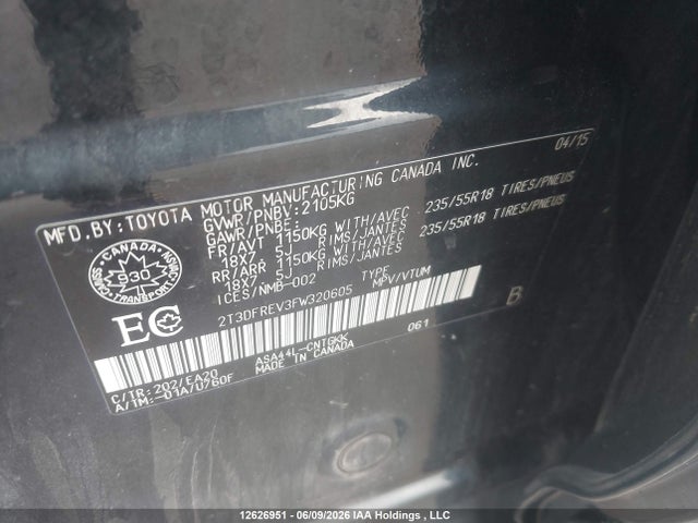 2015 Toyota Rav4 Limited მანქანა იყიდება აუქციონზე, vin: 2T3DFREV3FW320605, აუქციონის ნომერი: 12626951