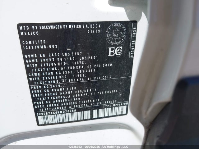 Продаж на аукціоні авто 2019 Volkswagen Tiguan Trendline, vin: 3VV0B7AX6KM076256, номер лоту: 12626952