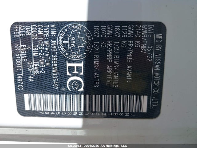 Продажа на аукционе авто 2022 Nissan Rogue Sv, vin: JN8BT3BB8NW335497, номер лота: 12626953