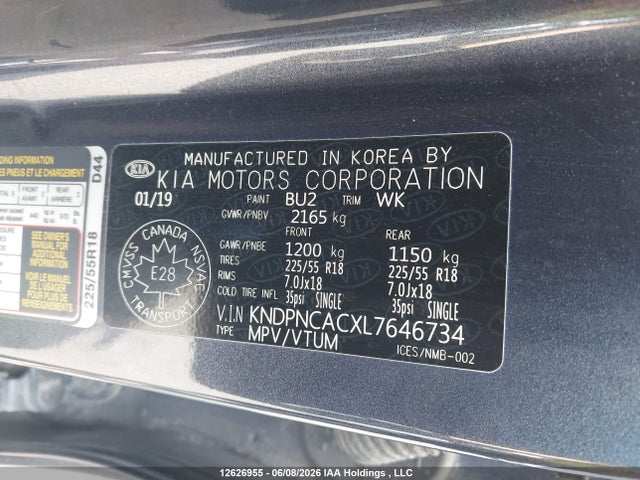 12626955 :رقم المزاد ، KNDPNCACXL7646734 vin ، 2020 Kia Sportage Ex مزاد بيع
