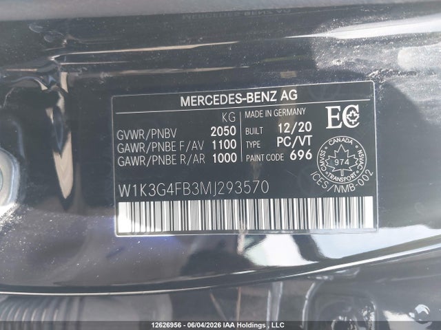 12626956 :رقم المزاد ، W1K3G4FB3MJ293570 vin ، 2021 Mercedes-benz A 220 4matic مزاد بيع