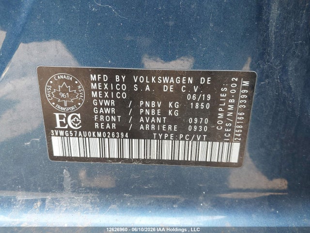 3VWG57AU0KM026394 Volkswagen GOLF S/SE