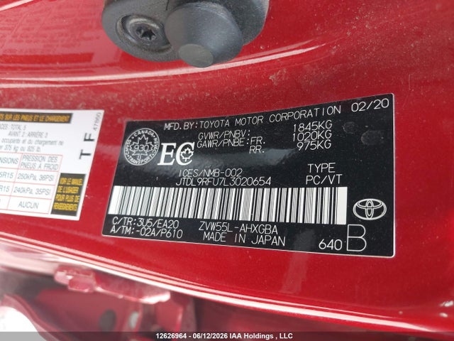 12626964 :رقم المزاد ، JTDL9RFU7L3020654 vin ، 2020 Toyota Prius Technology Awd-e مزاد بيع
